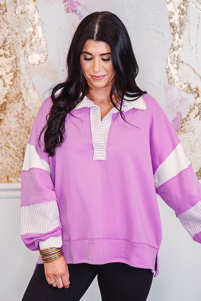 lavender colorblock pullover sweatshirt