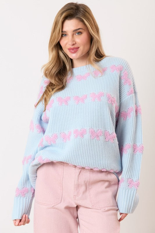 Peach Love California Light blue sweater striped with textured lavender/pink bow ties