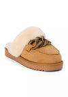 Matisse Taos suede and fur lined slide on mules in chestnut with buckle detail