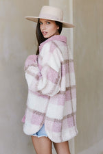 Peach Love California Mauve and cream teddy plaid shacket with contrast corduroy textured trim 