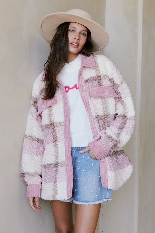 Peach Love California Mauve and cream teddy plaid shacket with contrast corduroy textured trim 