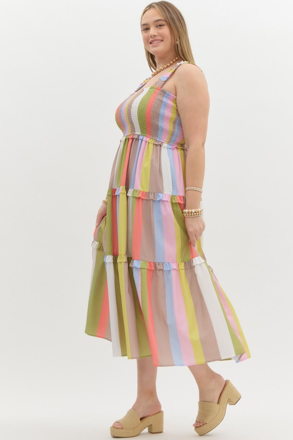 Entro Plus Mocha multicolor striped sleeveless ruffle tiered midi dress