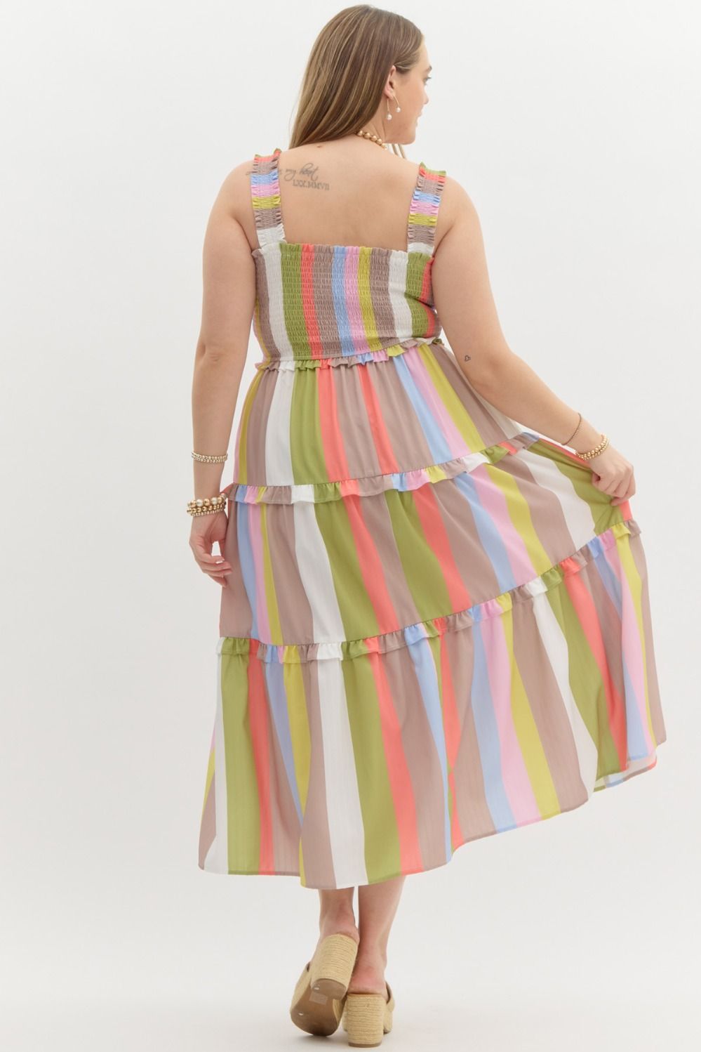 Entro Plus Mocha multicolor striped sleeveless ruffle tiered midi dress