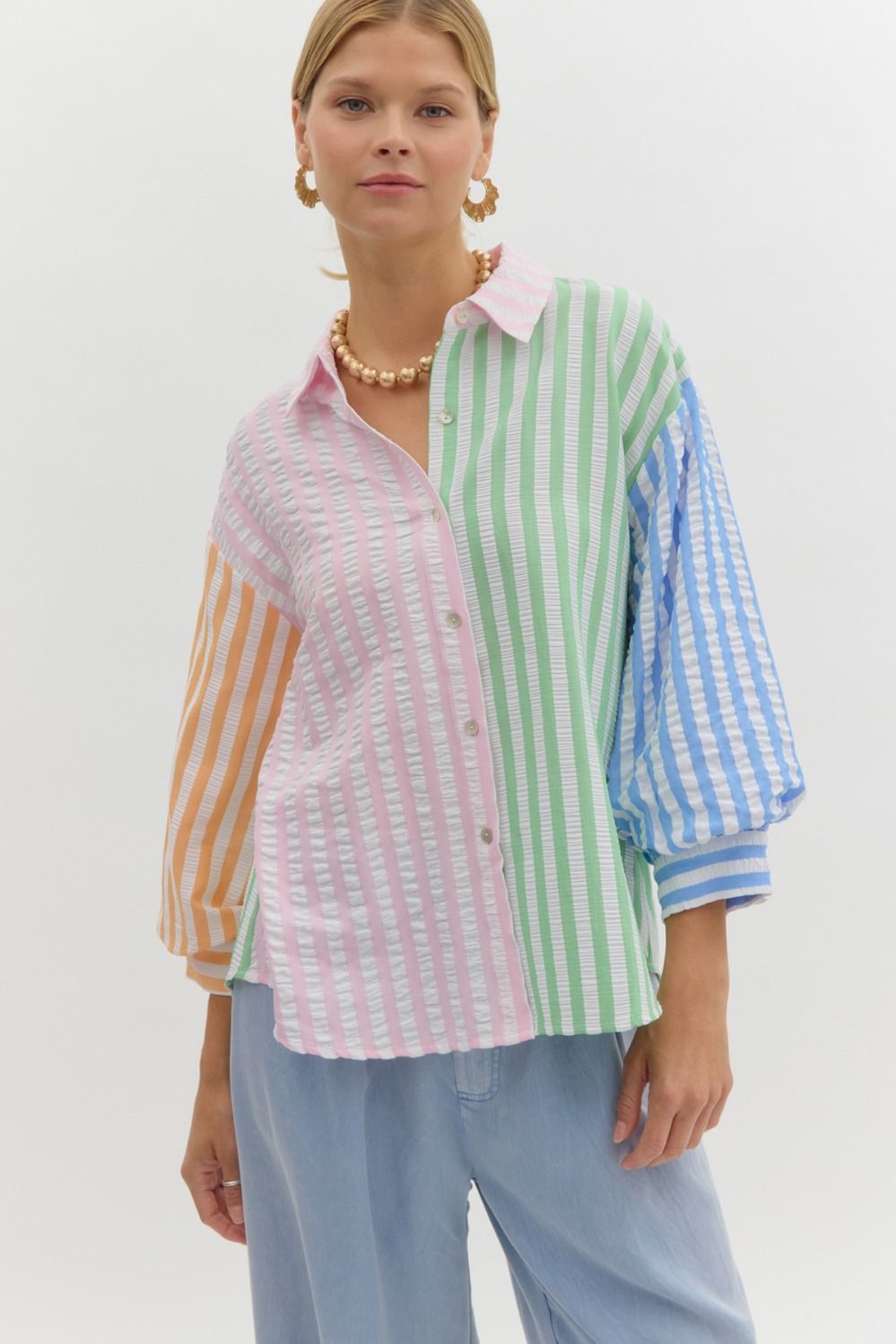 women's multi colored striped button up top