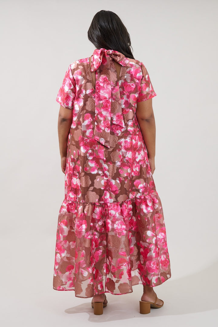 Plus size pink and brown textured floral print maxi dress with tie detail in back in a flattering fit