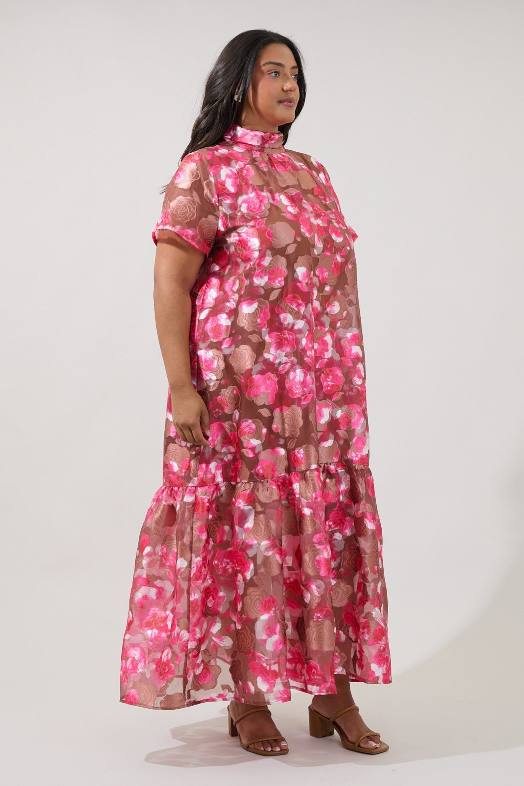Plus size pink and brown textured floral print maxi dress with tie detail in back
