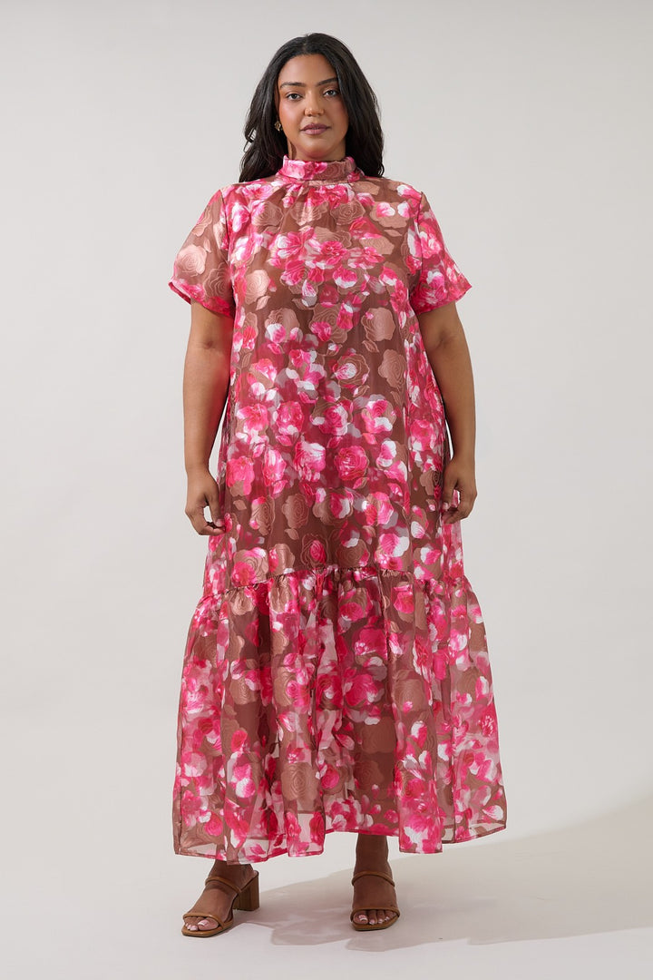 Plus size pink and brown maxi dress with textured floral print and tie detail in back