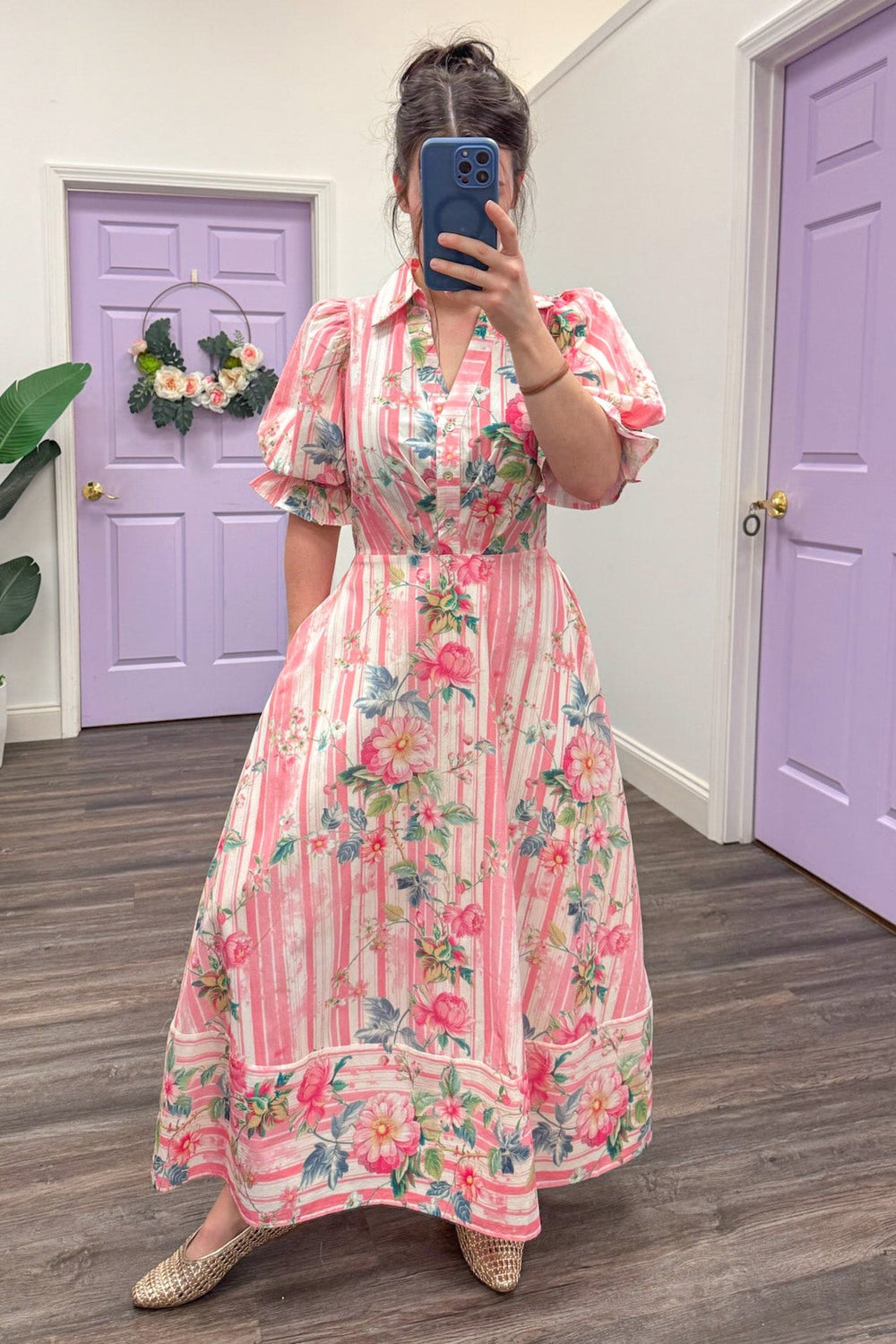Women's Pink floral striped midi dress with pockets