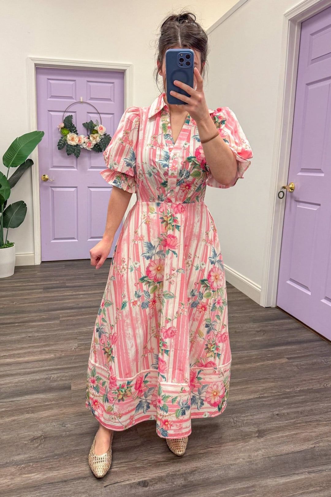 Women's Pink floral striped midi dress