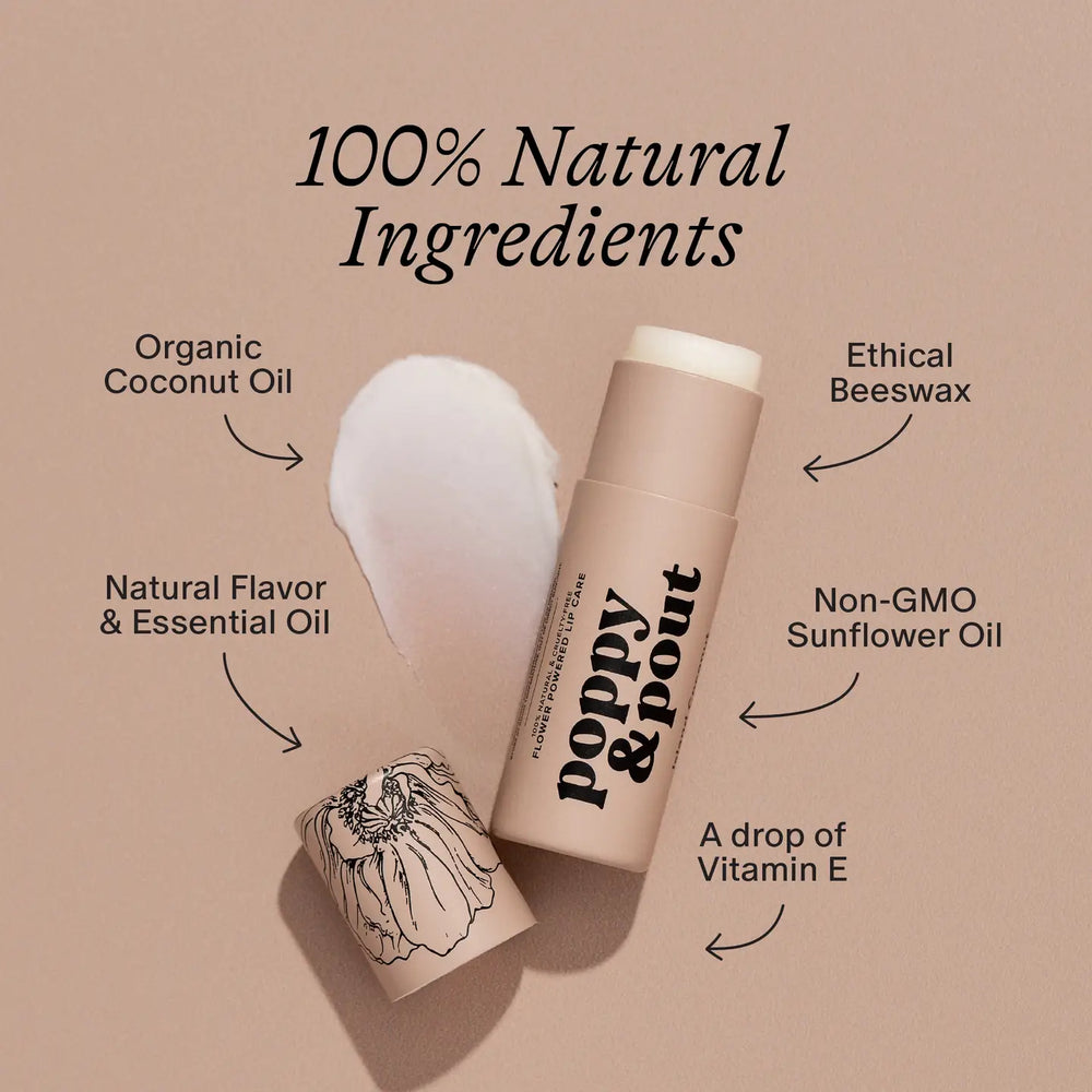  poppy & pout lip balm and list of natural ingredients 