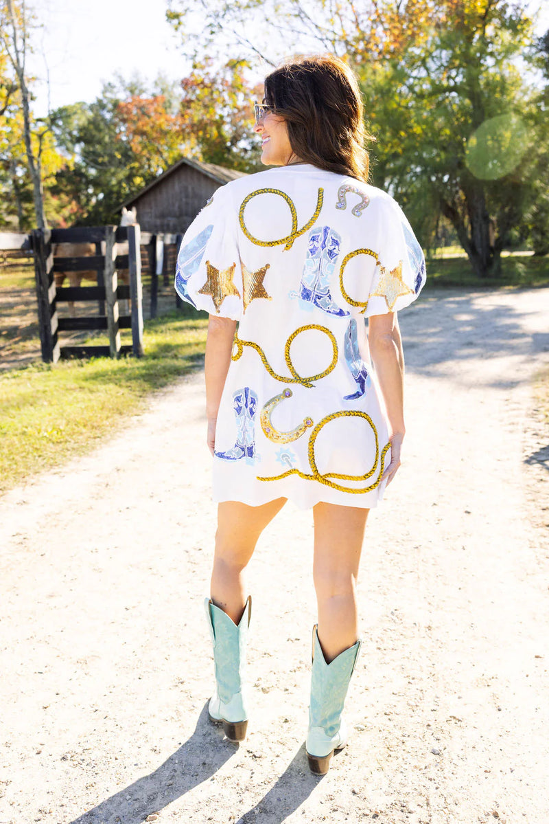 Queen of sparkles white cowgirl icon poof sleeve dress