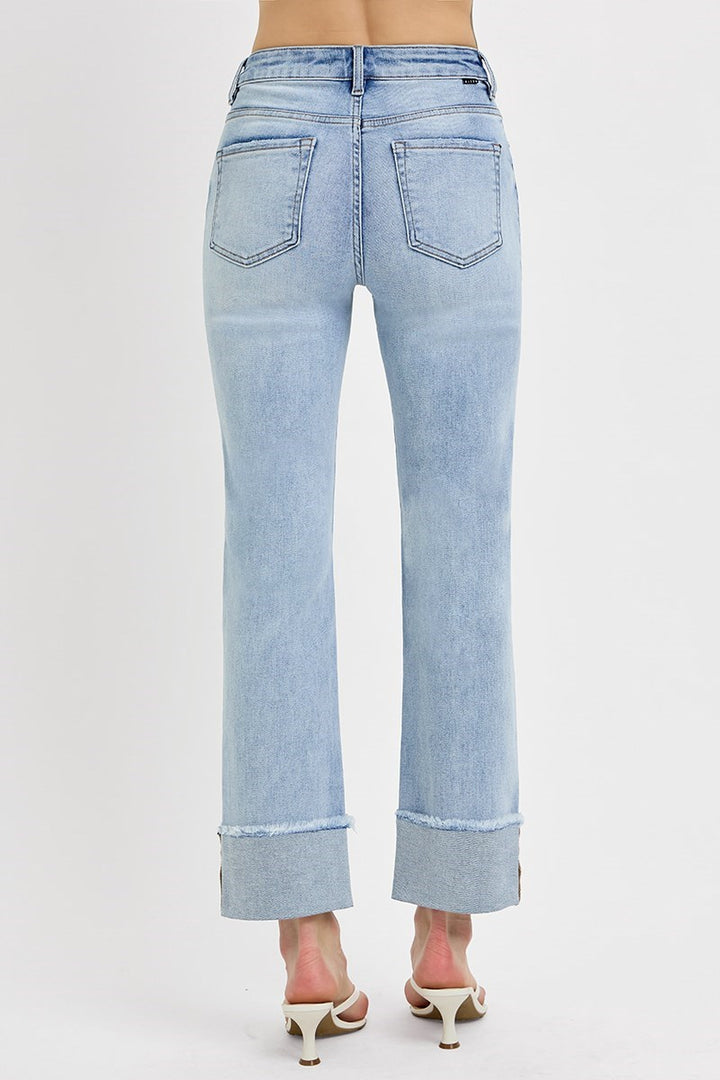 risen high rise relaxed straight denim jeans with a cuff