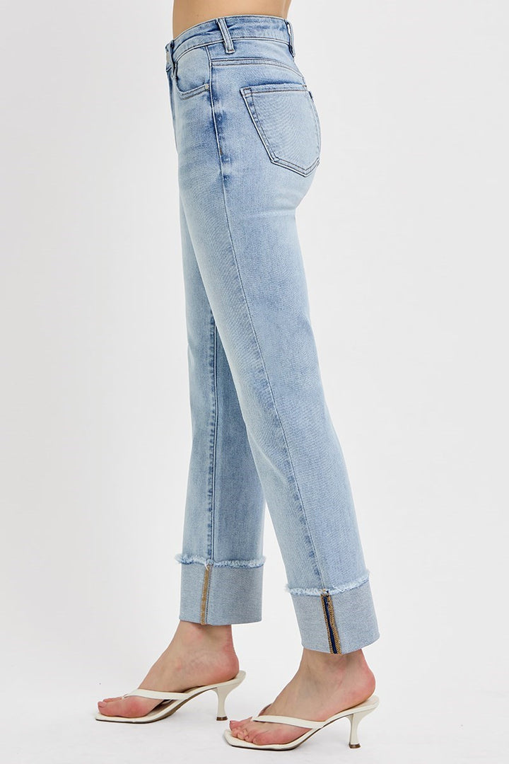 risen high rise relaxed straight denim jeans with a cuff