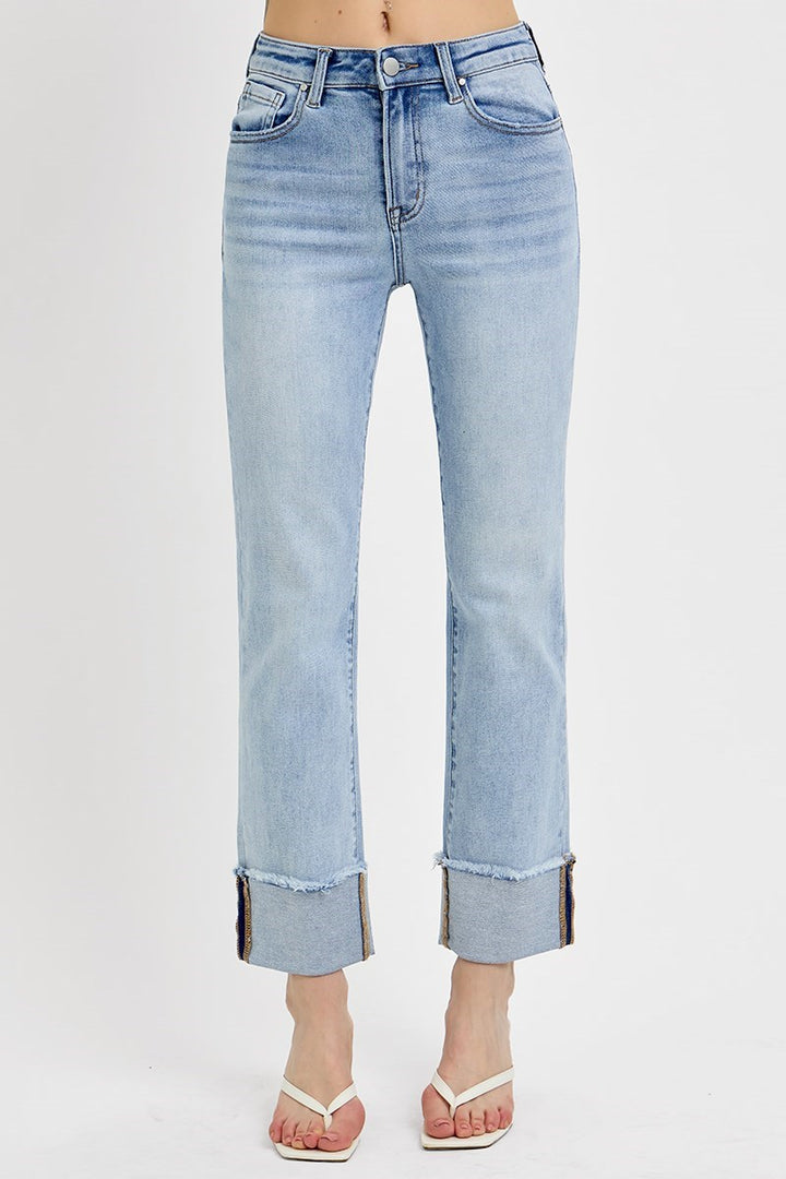risen high rise relaxed straight denim jeans with a cuff