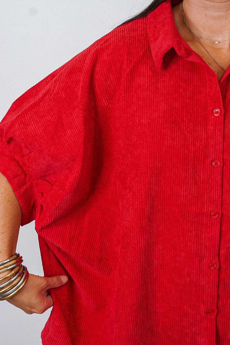 Red corduroy button down top