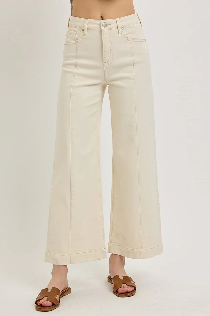Beige wide-leg jeans with tummy control