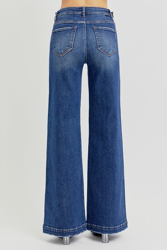 Risen Jeans dark wash denim jeans with tummy control and adjustable waist showing back view