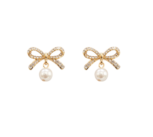 Rhinestone And Pearl Bow Earrings