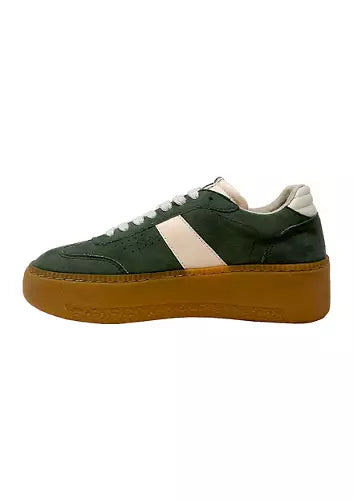Shu shop Green sneaker with pink stripe and brown sole, side view