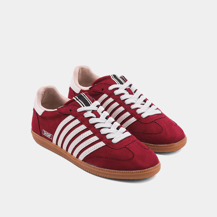 Shu Shop Stevie burgundy sneaker with white stripes showing both shoes
