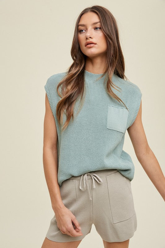 Wishlist Sweater knit sage top with stone shorts 