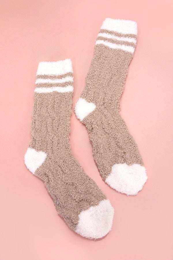 Tan and white striped fuzzy socks