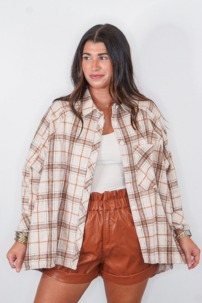 Taupe plaid flannel shacket