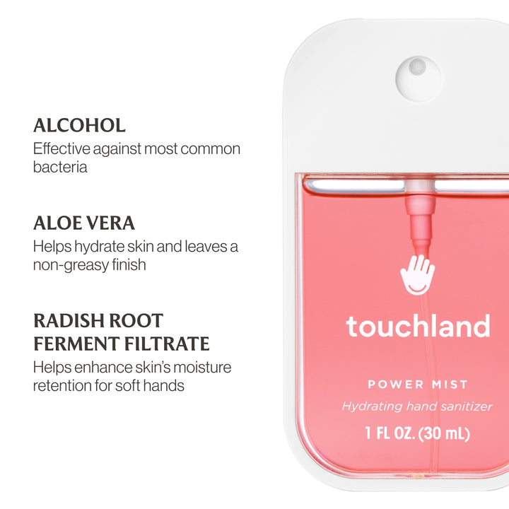Touchland power mist hand sanitizer with ingredients listed on a white background