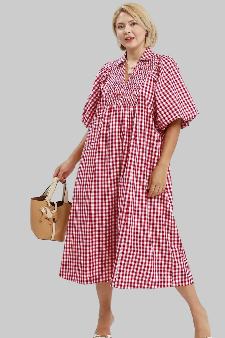 Umgee plus size deep red and off-white gingham print checkered midi dress