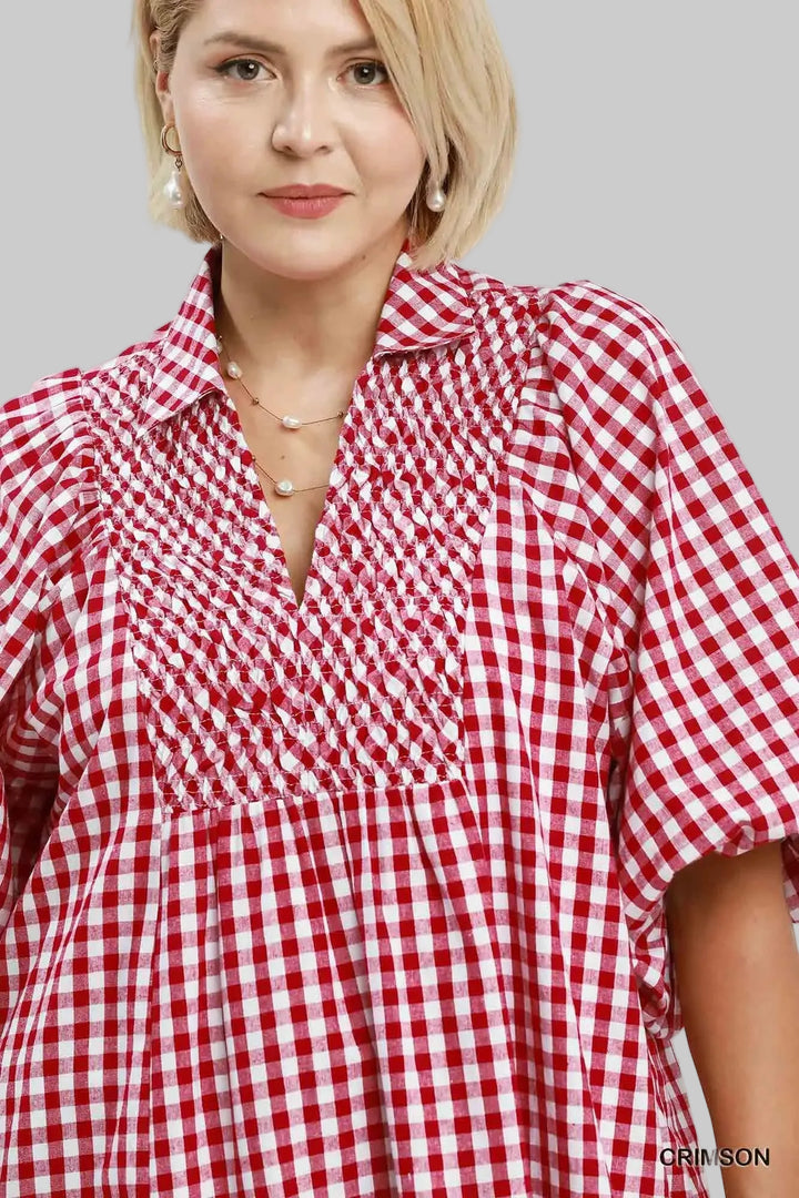 Umgee plus size deep red and off-white gingham print maxi dress with collar