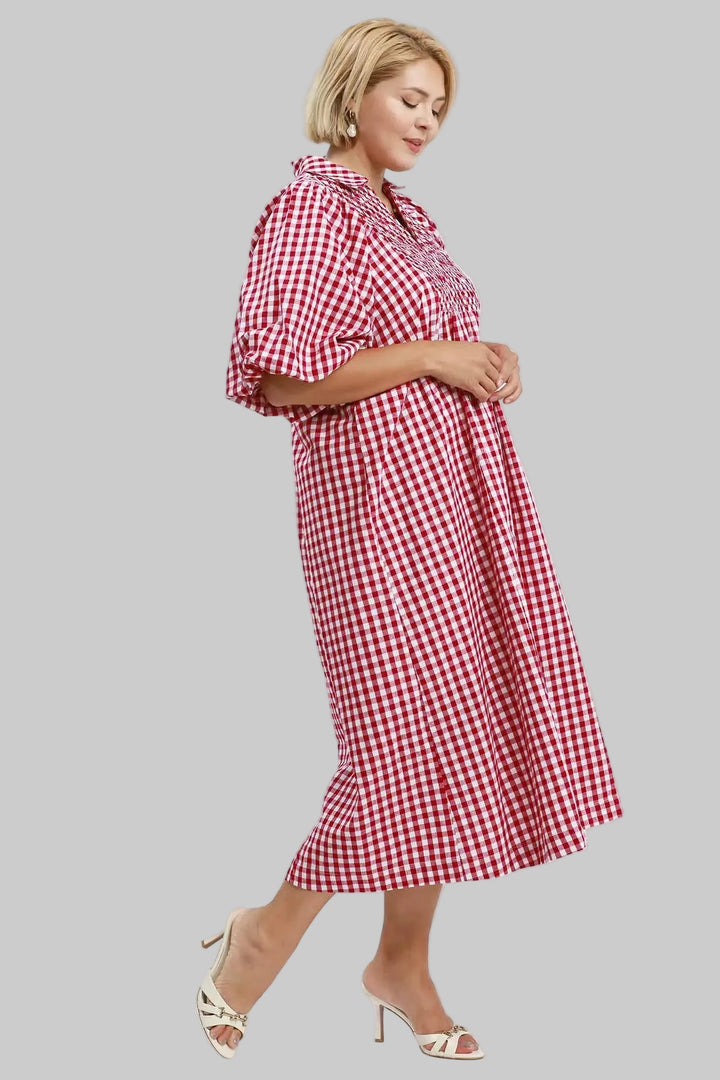 Umgee plus size deep red and off-white gingham print maxi dress with puff sleeves
