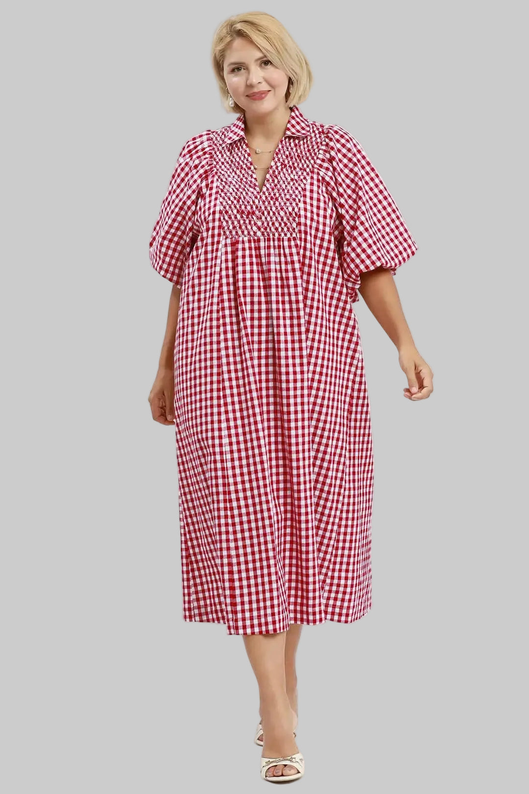 Umgee plus size deep red and off-white gingham print maxi dress