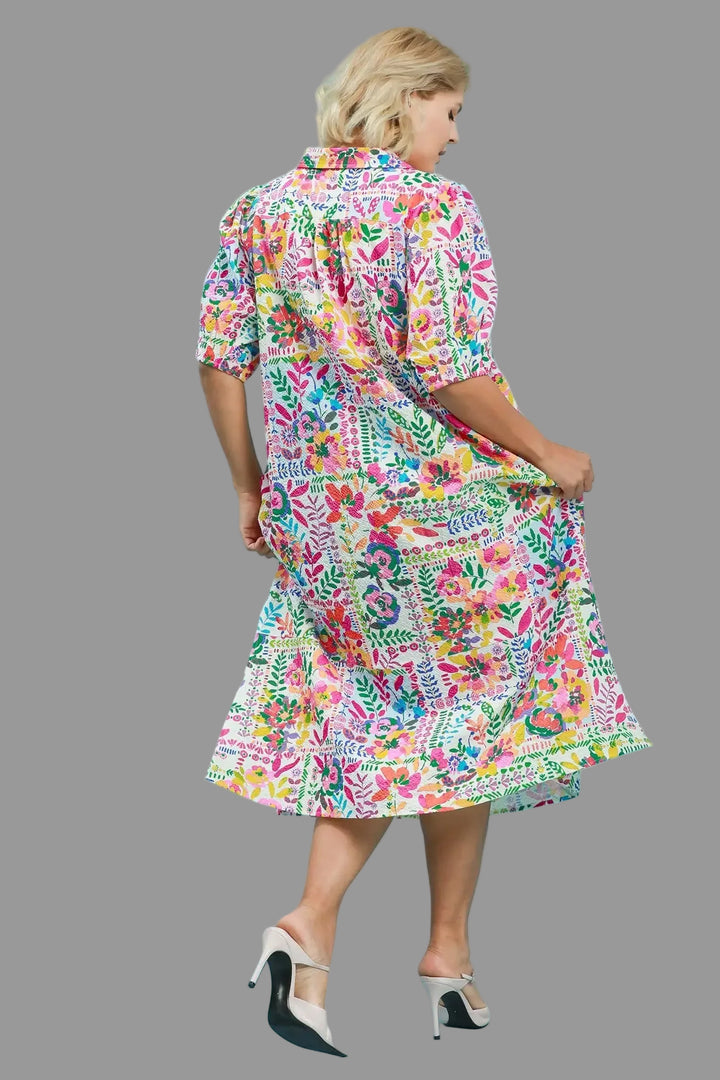 women's plus size bright multi-colored floral print short sleeve v neckline shirt-style silhouette midi dress