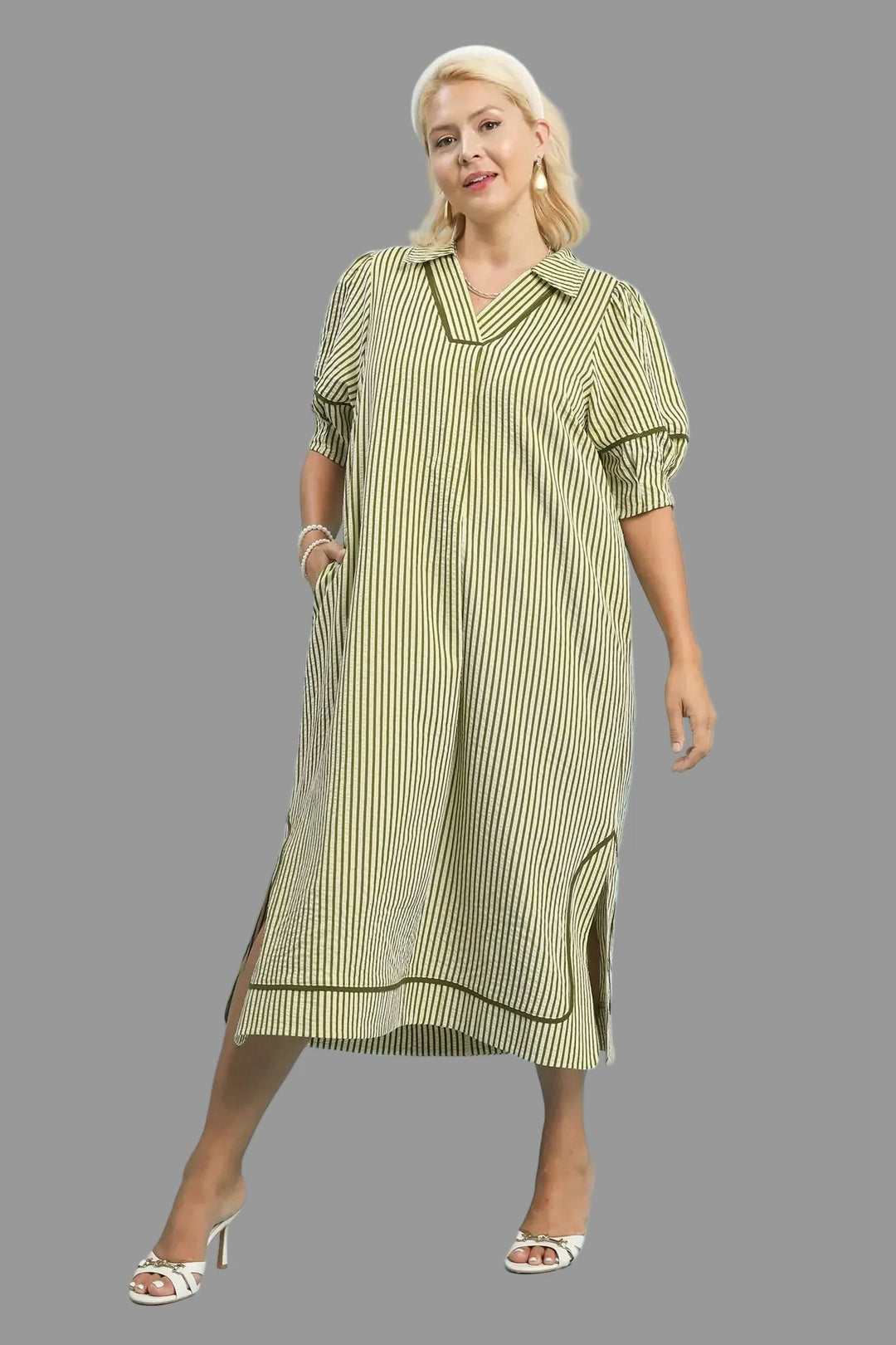 Umgee plus size green striped midi dress