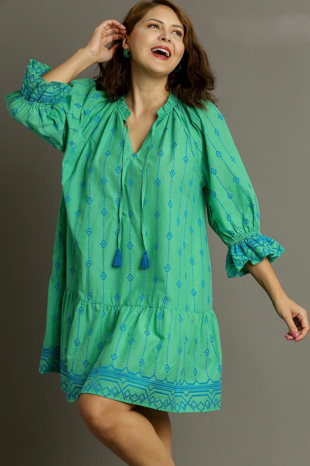 Umgee green tiered dress with blue embroidered print