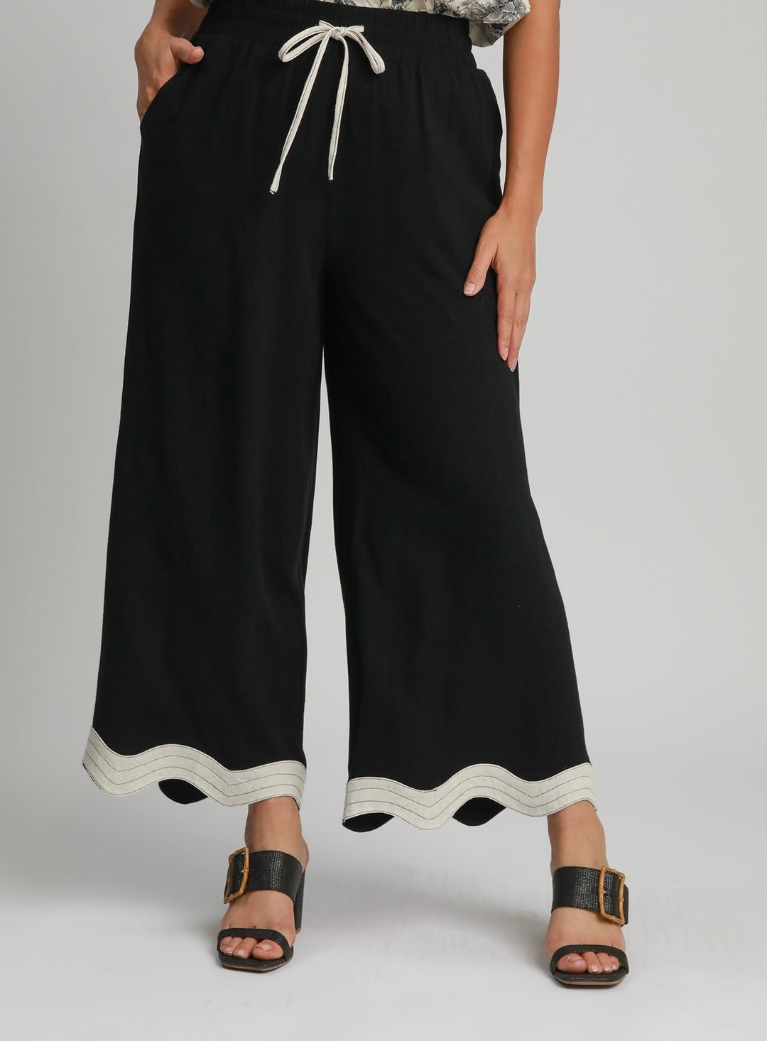 Umgee linen scalloped pants in plus, close up front view