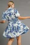 Umgee Ivory tiered dress with traditional Blue Willow print