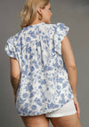 Umgee Cream and blue floral and fruit print babydoll top with ruffle capped sleeves