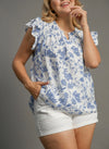 Umgee Cream and blue floral and fruit print babydoll top with ruffle capped sleeves