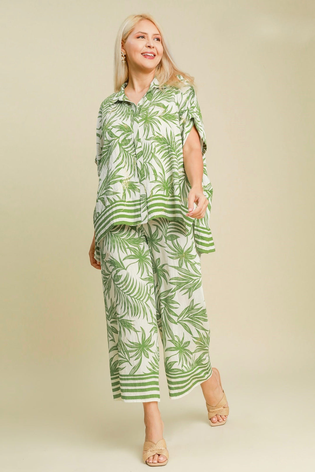 Umgee Plus cream top with green palm tree print accented with metallic gold