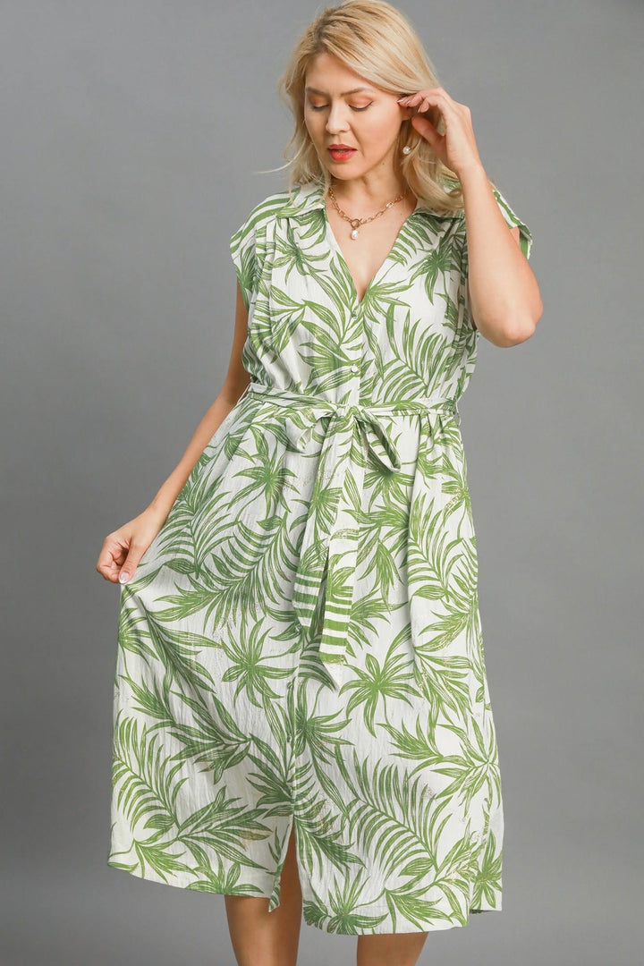 Umgee Plus cream midi dress with green palm tree print accented with metallic gold
