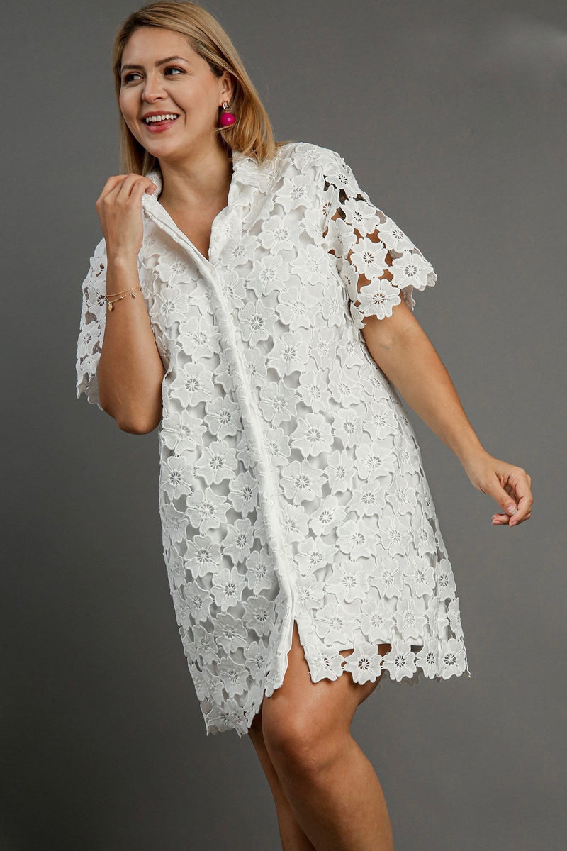 Umgee Plus off white floral lace button down dress with collar