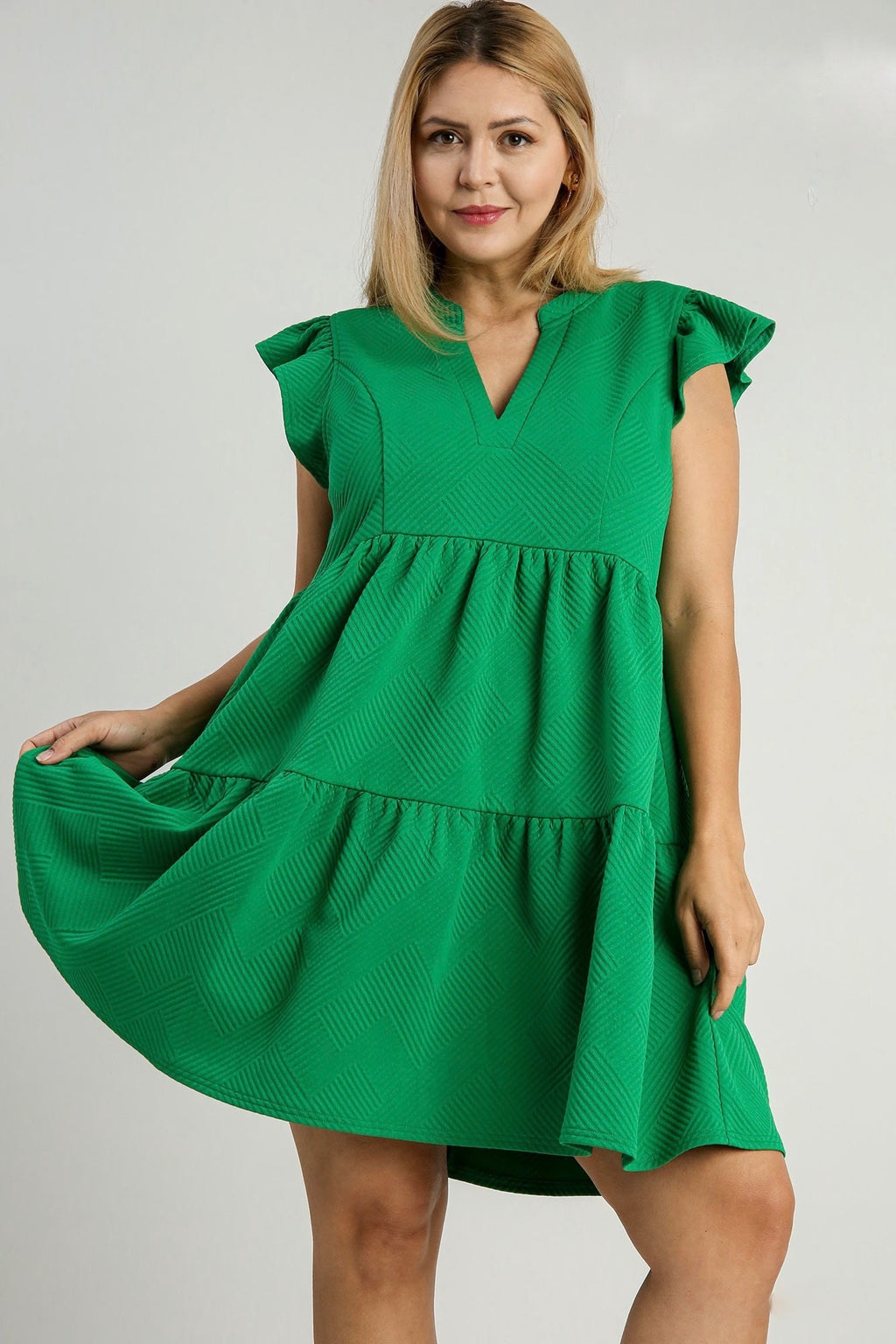 Umgee Green textured knit tiered babydoll dress