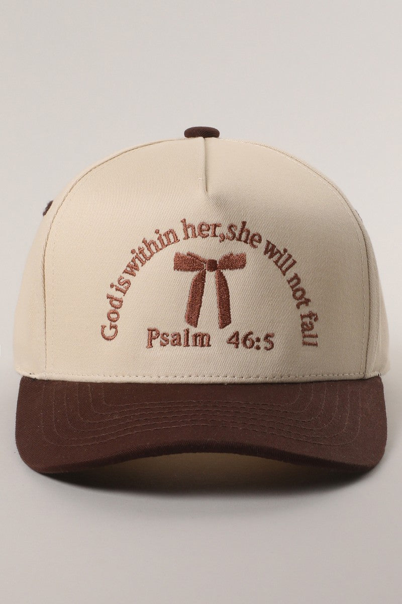 Women's Beige and brown cap with God's within her, she will not fail embroidered on front of  hat
