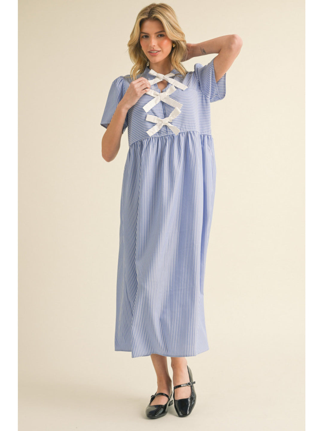 Women's blue striped bow midi dress