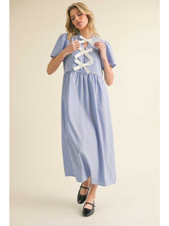 Women's blue striped bow midi dress