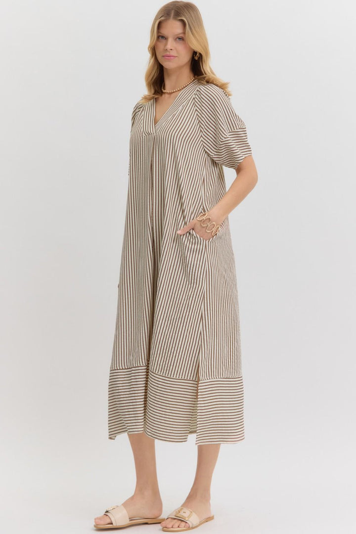 Women's brown and ivory striped fall midi dress, side view