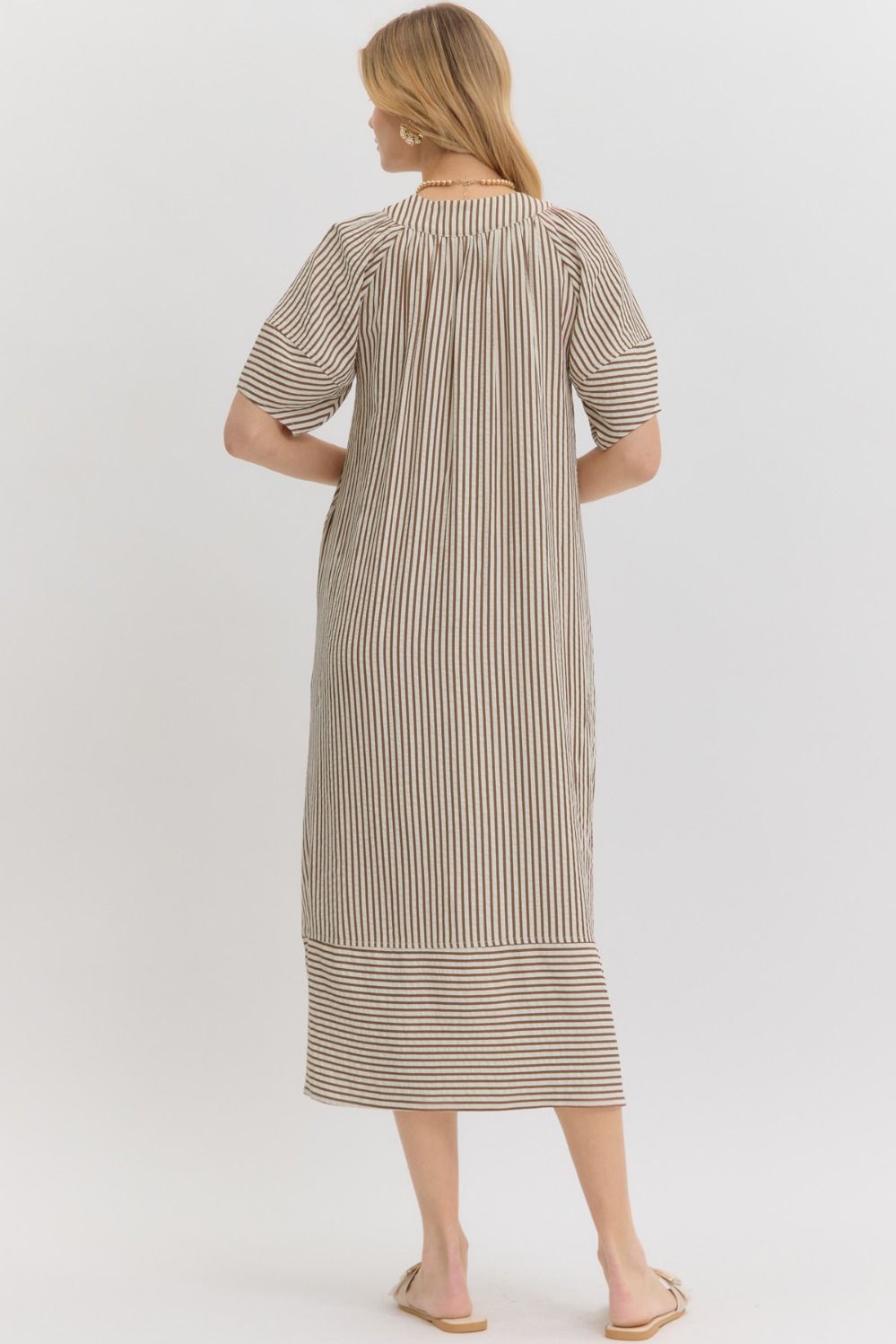Women's brown and ivory striped fall midi dress, back view