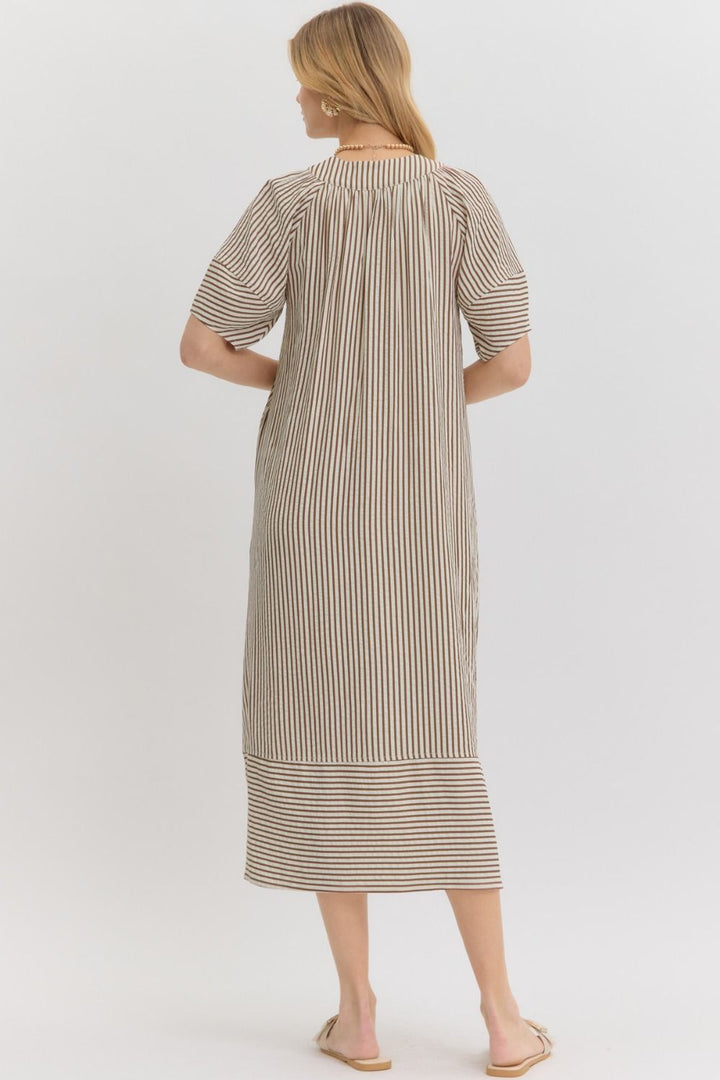 Women's brown and ivory striped fall midi dress, back view