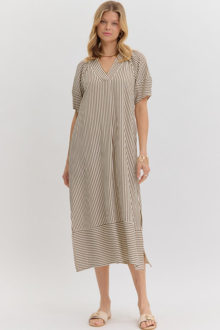Women's brown and ivory striped fall midi dress